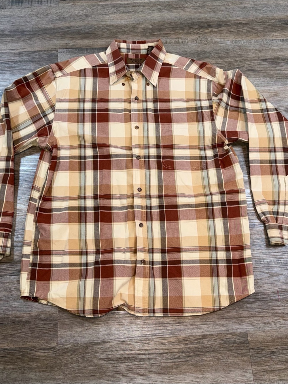 Morgan Creek Outfitters Shirt Mens Large Long Sleeve Button Up Brown Plaid